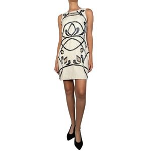 Needle & Thread Mini Dress Womens 6 Cream Black Contour Ornate Beaded Sequined